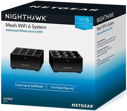 WiFi-система NETGEAR Nighthawk MK62 AX1800 WiFi 6, MESH, 1xGE LAN, 1xGE WAN, черн. цв. (2шт.)