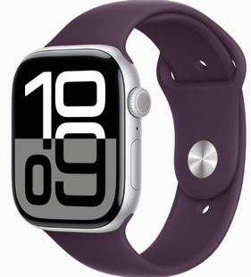 Apple Watch Series 10 GPS, 42mm Silver Aluminum Case with Plum Sport Band (M/L)