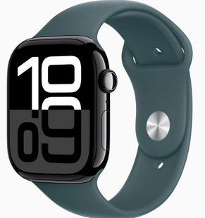 Apple Watch Series 10 GPS, 46mm Jet Black Aluminum Case with Lake Green Sport Band (S/M)