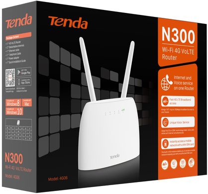 Роутер TENDA 4G06 N300, 4G/LTE, 1xFE LAN, 1xFE LAN/WAN, 1xRJ11, Cлот для SIM-карты (4G06)